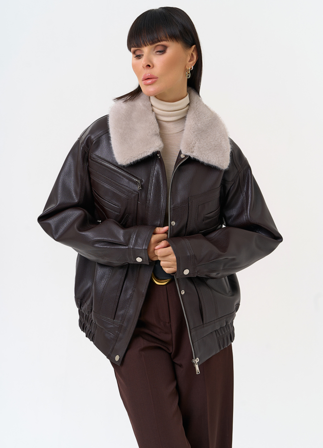 Женская утепленная куртка из эко кожи с воротником из эко меха модель № 30701 меха малина