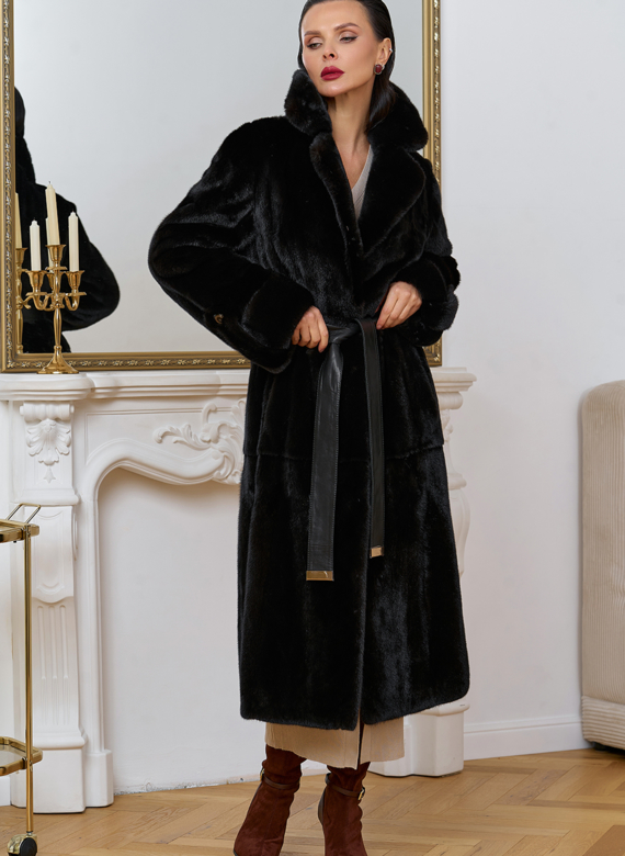 Женская шуба из меха норки blackglama с поясом