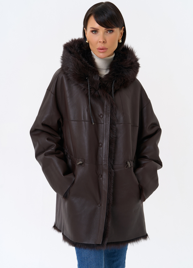 Женская двухсторонняя дубленка с капюшоном модель № 31851 универмаг малина