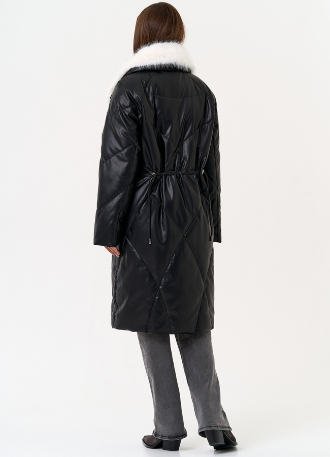 фото Женский пуховик из эко кожи с отделкой из эко меха модель № 30713