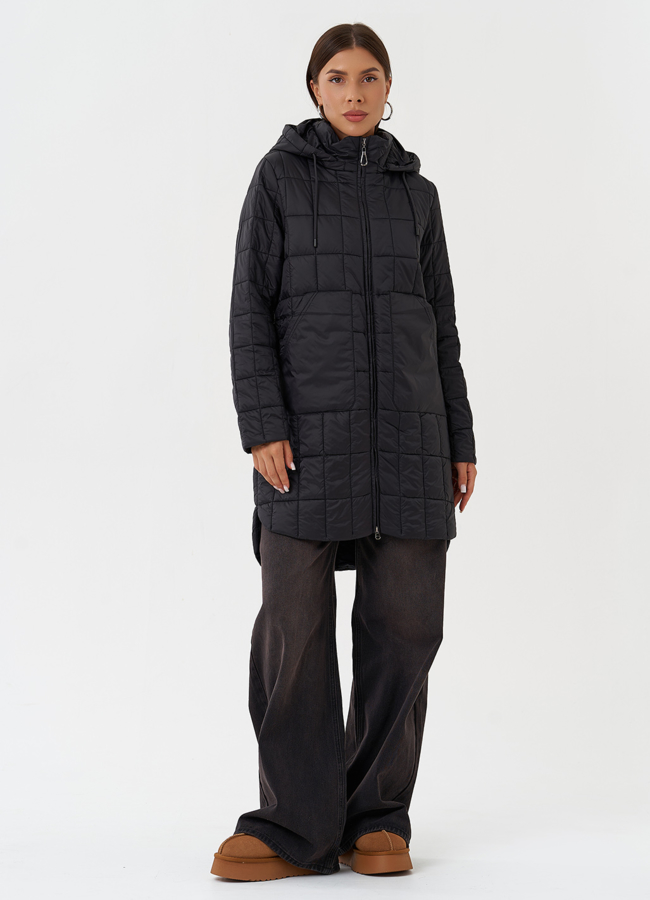 Стеганое пальто с капюшоном модель № 28296 меха малина