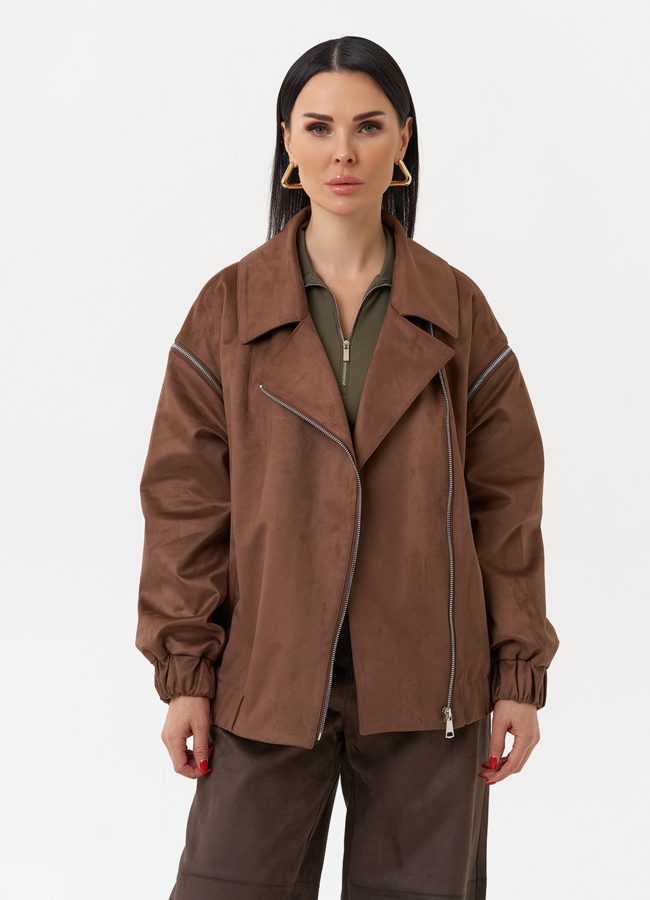 Куртка бомбер из эко замши со съемными рукавами модель № 30057 меха малина