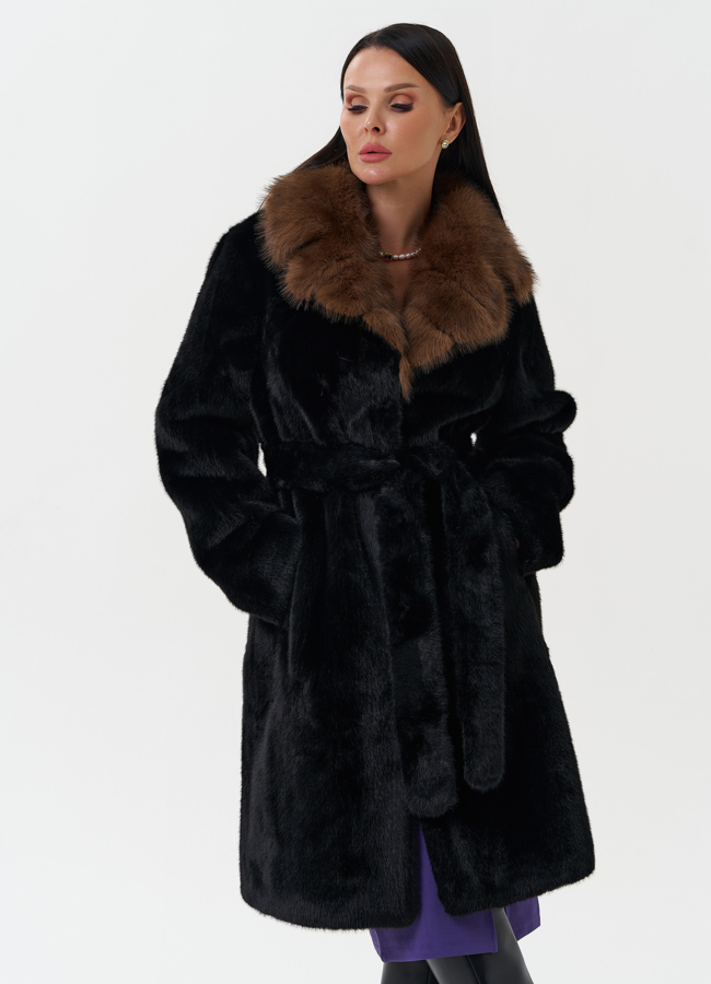 Шуба из эко меха с отделкой из искусственной куницы модель № 27795 в кредит