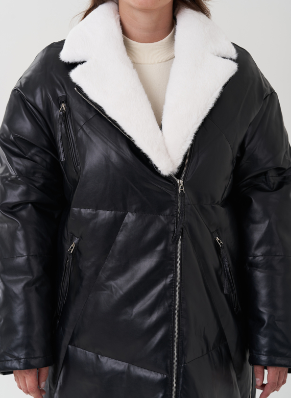 Пуховик женский из эко кожи с английским воротником
