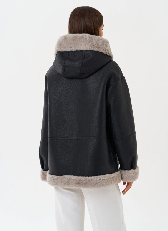 Женская эко дубленка с капюшоном