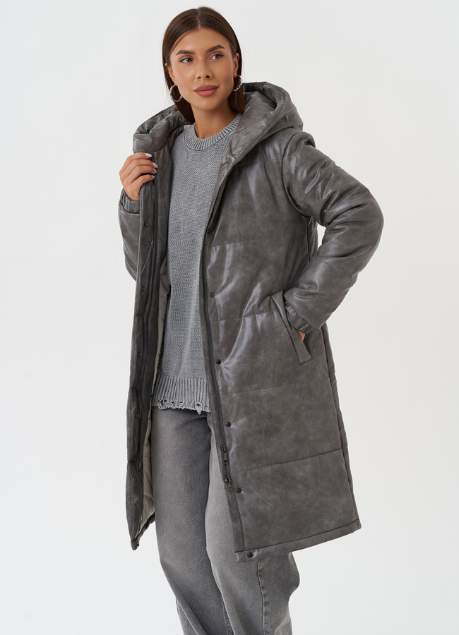 Пуховик из эко кожи с капюшоном модель № 28515 универмаг малина