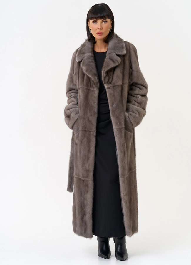 Длинная шуба из меха норки с английским воротником модель № 31598 в рассрочку