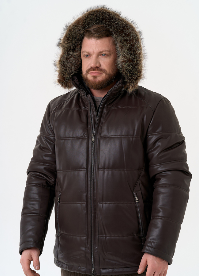 Пуховик из эко кожи с капюшоном из меха енота модель № 31721 универмаг малина