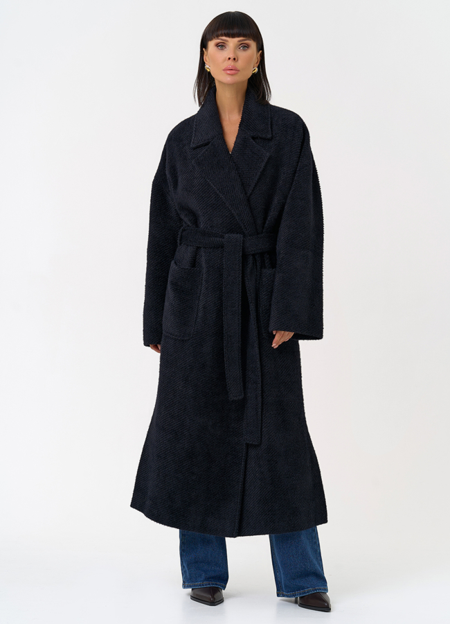 Женское длинное пальто в темно-синем цвете модель № 31485 меха малина