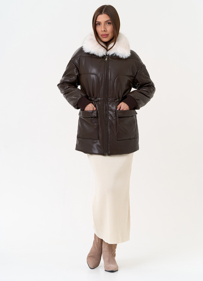 Женский пуховик из эко кожи с воротником из эко меха модель № 30722 в кредит