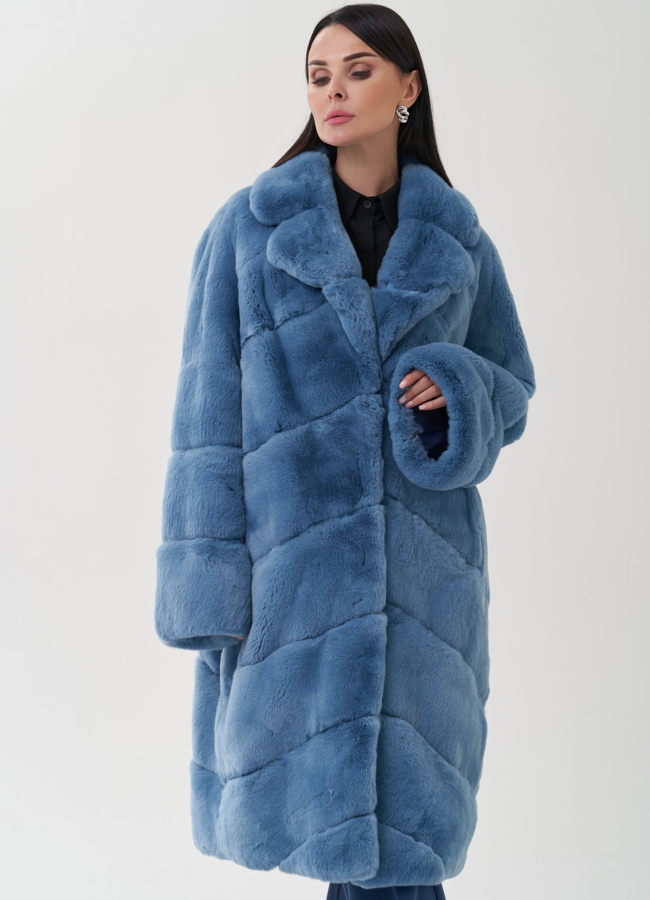 фото Шуба из меха кролика синего цвета с английским воротником модель № 24796
