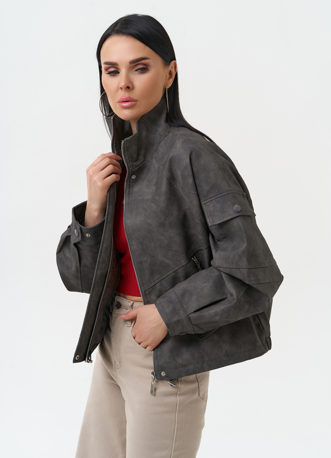 фото Куртка бомбер из эко кожи с воротником стойкой модель № 30337