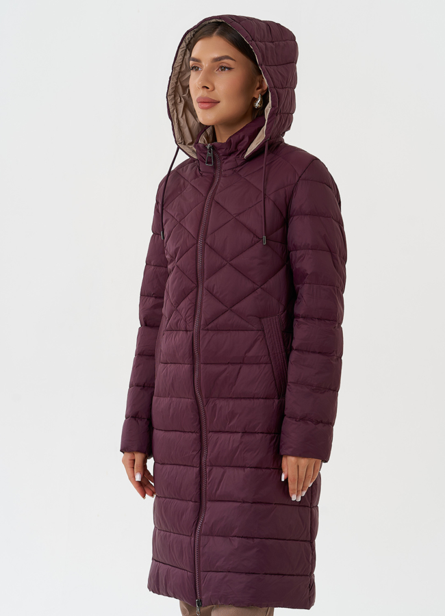 Стеганый пуховик бордового цвета с капюшоном модель № 28294 универмаг малина