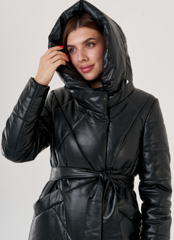 Черный длинный пуховик из эко кожи Malina Siberian