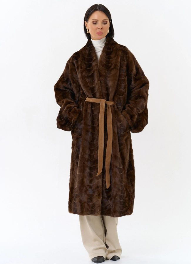 Шуба из меха норки с поясом модель № 31184 в кредит фото
